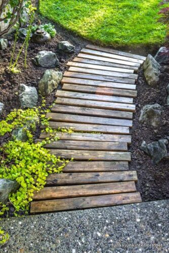 outdoor path made from wooden slabs