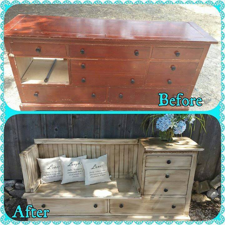 Change a dresser into a bench by removing drawers and adding a seating area