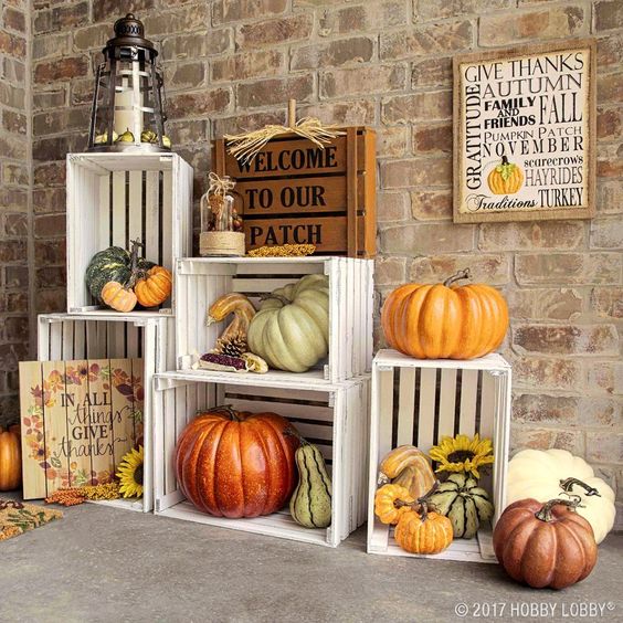 autumn home decor ideas with shelving on porch