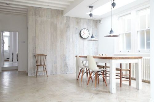 whitewash kitchen with vertical wall planks