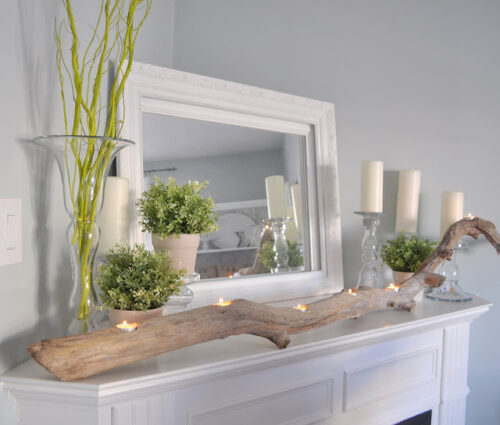 driftwood on mantel peice for texture