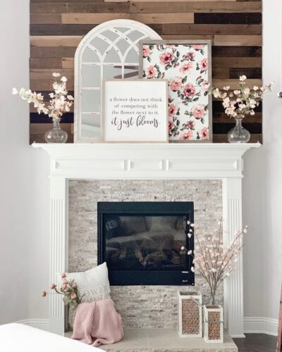 layered window pane and wreath on mantel