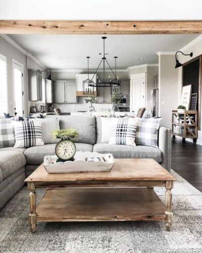 Farmhouse living room with deals dark gray couch