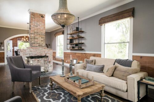 brick fireplace in cozy living room