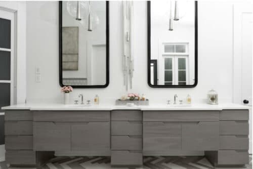 gray cabinets in bathroom with no hardware