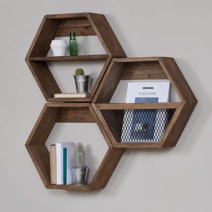 DIY geometric shelves on beedroom wall