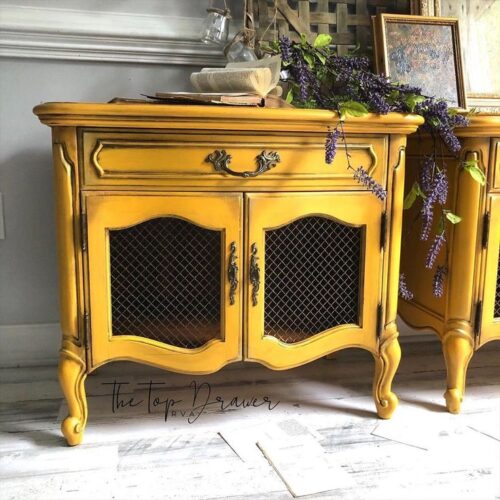 yellow mustard side table with 2 cupboards below