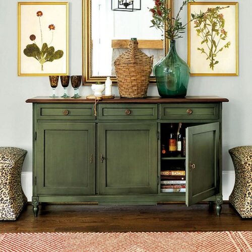olive green side hutch furniture with three drawers and three cupboards, wooden top
