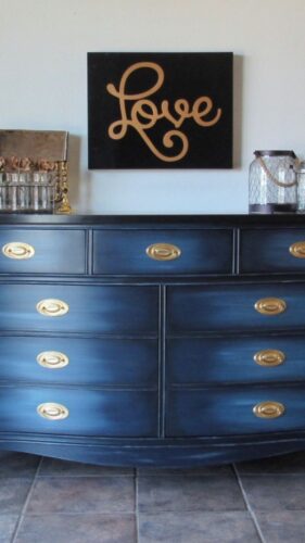 blue dresser with water based top coat