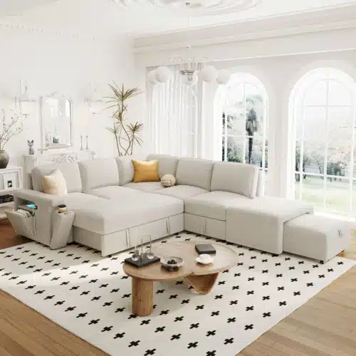 black and white rug on wood floor